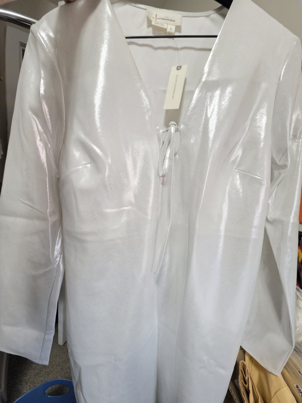Anthropologie Shimmery White V-Neck Long Sleeve Dress with Front Tie Extra Large